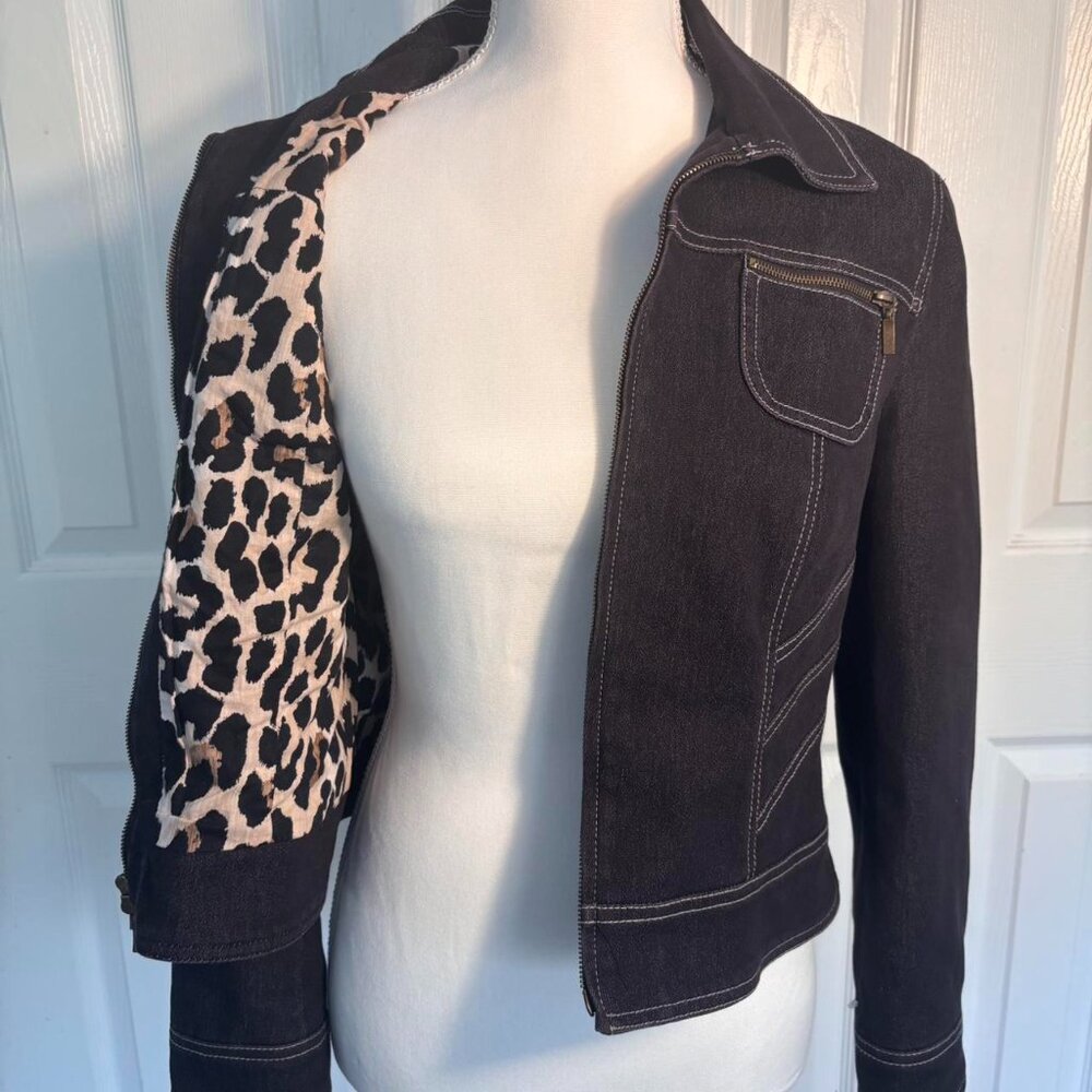 Y2K Double Zip brown Denim Jacket w/ Leopard Lining | Size M